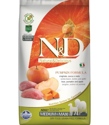 N&D Grain Free Pumpkin Adult Mini Cinghiale e Mela è un alimento secco completo per cani adulti di piccola taglia. gr.800